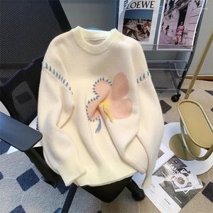 Women's Sweaters Korea Chic Loose Comfortable Retro Flowers Round Neck Sweater Women Autumn Winter Soft Glutinous Lazy Long Sleeve Knit Top