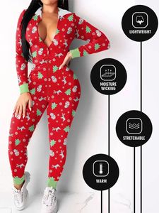 Kadın pijama kadınları Noel pijamaları romper sevimli baskı uzun kollu zip kapşonlu tulum 231201