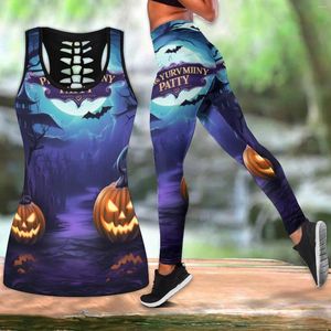 Damen Leggings Sommer Mode Sport Yoga Anzug Halloween HappyPrint Frauen Hohl Tank Top AnzugXS-8XL