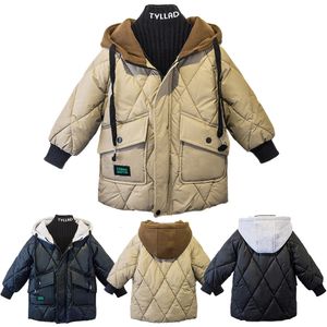 Пуховое пальто 214Y, корейская модная зимняя детская куртка цвета хаки, черная куртка для мальчиков, утепленная теплая верхняя одежда с капюшоном на молнии для малышей 231202