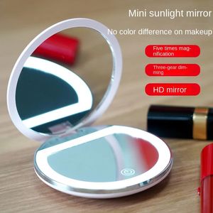 Compact Mirrors Mini compact LED makeup mirror portable handheld with lights 5x large rechargeable makeup mirror beauty makeup light 231202