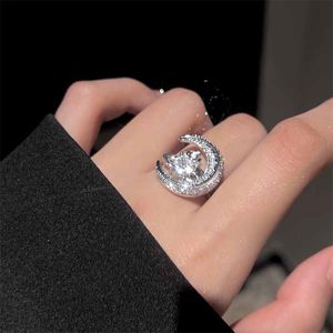 Ins Wedding Rings Luxury Jewelry 925 Sterling Silver Round Cut White Topaz CZ Diamond Zircon Party Eternity Women Open Adagetable Ring for Valentine Gift