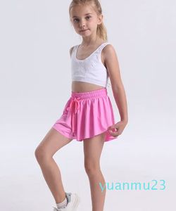 lu Kids Yoga Shorts Outfits High Waist Sportswear With Pockets Fitness Wear Short Pants Girls Running Elastic Prevent Wardrobe Culotte Dou