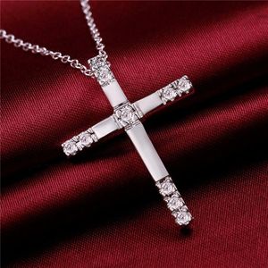 wedding Inlaid stone cross women's sterling silver plate Necklace fashion 925 silver pendant Necklace with chains GN5392080