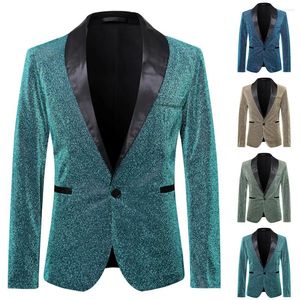 Men's Suits Men Shawl Lapel Blazer Slim Fit 1 Button Shiny Blue Glitter Suit Jacket DJ Nightclub Stage Sing/er Clothes Costume Homme