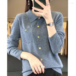 Kvinnors stickor Autumn Winter Pullover Turn-Down Collar Solid Pocket Button Långärmad tröja Stickad Cardigan Fashion Casual Tops