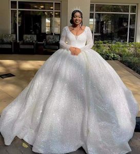 2023 Luxury Puffy African Wedding Dress V-Neck Long Sleeves Crystal Beads Appliqued Lace Women Bridal Gowns Court Train New Vestido De Novia