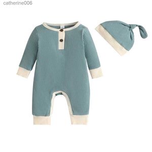 Kläder sätter 0-18 månader Autumn Nyfödd spädbarn Baby Boys Girls Romper Playsuit Overalls +Hat Cotton Långärmad baby Jumpsuit Nyfödd klädsel231202