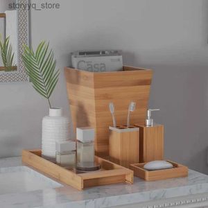 Toothbrush Holders Bamboo Bath Accessories-5-Piece Set Natural Wood Tray Lotion Dispenser Soap Dish Toothbrush Holder Wastebasket-Bathroom Q231202