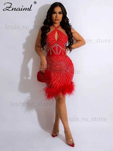 Urban Sexy Dresses Znaiml Halter Backless Sheer Mesh Feathers Rhinestone Birthday Red Mini Dress for Women Outfits Sexy Rave Party Night Club Robe T231202