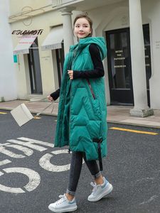 膝の上の女性のベスト長いコットンジャケットのベスト韓国のファッションフード付きカジュアルなソリッドチョッキの女性服のノースリーブジャケット231201
