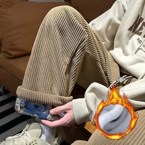 Calças masculinas Corduroy Fleece Casual Homens Moda Inverno Personalizado Pé Impressão High Street Engrossado Reto Quente Calças de Veludo