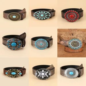 Belts 100-115 Cm Vintage Western Embossed Leather Turquoise Concho Belt For Women Brown Oval Buckle Decorative Wholesale