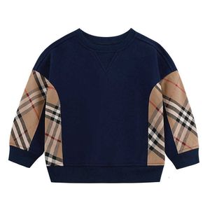 Spring Autumn New Round Neck Long sleeved Checkered Panel Contrast Sweater for Boys and Girls Pure Cotton Top