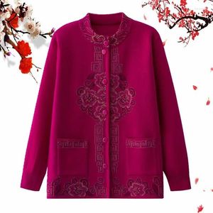 Kvinnors stickor gamla damkläder kinesisk stickad kofta tröja jacka 2023 Autumn mormor Slim Long-Sleeve Pocket Knitting Coat Tops