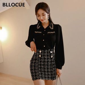 Two Piece Dress BLLOCUE Spring Elegant Women 2 Piece Set Lantern Sleeve Black Chiffon Shirt TopTweed Plaid Double-Breasted Mini Skirt Suit 231201