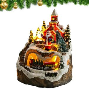 Decorações de Natal Ornamento de resina luminosa de Natal com música Rotação de 360 graus Luzes LED Xmas Village House para peça central Decoração de casa presente 231201