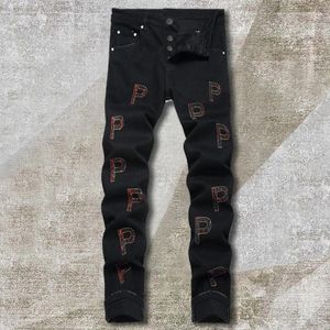 Men's Jeans Black Letter Embroidery Men Jean Hombre High Street Streetwear 2023 Motorcycle Pant Stretch Small Foot Elastic Trouser