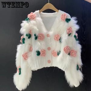 Kobiety swetry WTEMPO Słodka sztuczna futra Krótki płaszcz z dzianiny Autumn Ladies Elegancki sweter z kwiatem różowym 231202