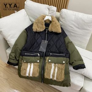 Damen Daunenparka Winter Warm Abnehmbarer Kaninchenfellkragen Patchwork Lose Langarm Damenmantel Streetwear Damen Dicke Freizeitjacke 231201