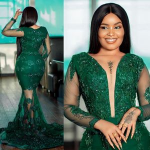 Emerald Green Aso Ebi Prom Dresses Illusion Mermaid Long Sleeves Beading Appliqued Lace Tulle Formal Dress for Black Girls Second Reception Gown Evening Gowns ST563