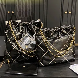 Two-Tone Gold Thread Decoration Women Designer Jumbo 22 Garbage Bag with Coin Charm Golden Letters Metal Hardware Real Leather Luxury Shoulder Handbag Purse 35/40cm