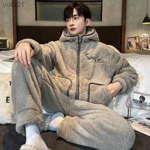 Pigiama da uomo in pile di corallo pigiama da uomo invernale caldo pigiama da notte lungo pantaloni pigiama flanella spessa homewear pigiama con cerniera con cappuccioL231202