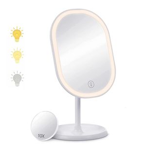Kompakta speglar LED Vanity Mirror Light Makeup Mirror med 1x/10x Förstoring 3 Ljusa färger Vanity Badrum Kosmetiska bord LED -upplysta spegel 231202