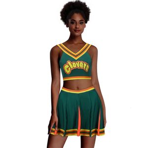 Berretti da cheerleader Bring It on Uniforme da cheerleader Trifogli verde scuro Abiti stampati Canotta Minigonna per ragazze