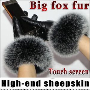 Fingerless Gloves High-grade women's leather gloves sheepskin winter warm plus velvet thick cuffs big fox fur gloves touch screen gloves 231201