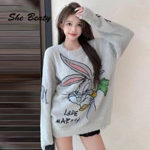 Suéteres femininos suéter pullovers mulheres o-pescoço desenhos animados solto estilo coreano casual em roupas tops malhas puxa