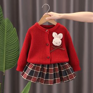 衣類セット秋のキッズクリスマス服jkスカートショート2 pcs赤いセーター服女の子編み2-7yクリスマス子供ドレスかバニー231202