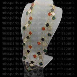 Designer halsbandsmycken fyra bladklöver halsband svartgrön agat långa 10 tio blommor hängande mor-av-pärl för kvinnor tjej248d