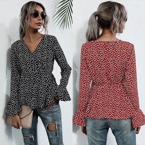 Kvinnors blusar 2023 Autumn Red Fashion V-hals Top Slim Long Sleeve Wave Dot Bottomed Blue Women