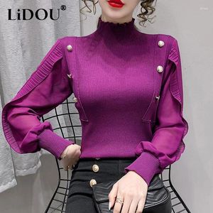Women's Sweaters 2023 Autumn Winter Solid Color Half High Collar Long Sleeve Sweater Women Slim Button Lace Patchwork All-match Pullovers