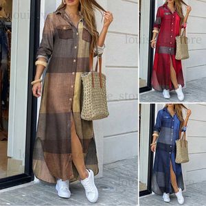 Urban Seksowne sukienki moda kobieta długa szata kobiety jesienne vintage długie rękawy maxi koszulka sukienka 2021 Casual w kratę vestidos Plus Size Sukienki T231202