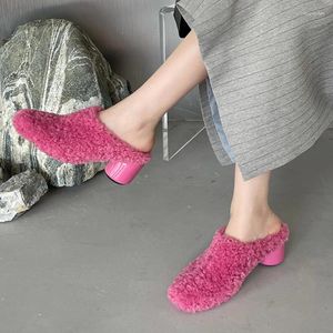 Dress Shoes Mules Women Heels Slip-on Pink Wool Fashion Closed Toe Plush Court Clogs Ladies Winter Warm Lambswool Heeled Slippers