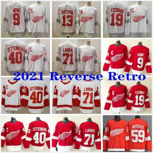 Üniversite Giyim 2021 Ters Retro Beyaz Detroit Kırmızı Kanatlar 9 Gordie Howe 71 Dylan Larkin 59 Tyler Bertuzzi 13 Pavel Datsyuk 19 Steve Yzerman Je