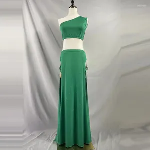Sahne Giyim Kadınlar Göbek Dans Koyu Yeşil Eğimli Omuz Bölünmüş Etek Uygulaması Elbise Doğu Uzun Kostüm Top Seti