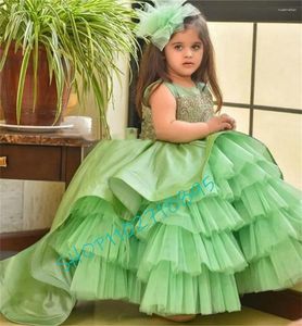 Flickaklänningar Flower Dress Green Fluffy Layed Tulle Lace Applique Wedding Elegant Child's First Eucharistic Birthday Party