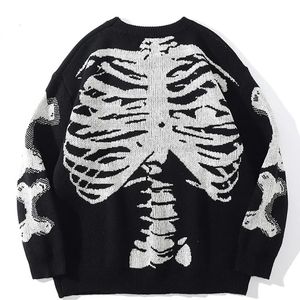 Мужские свитера, мужской свитер большого размера, черный свободный свитер с принтом костей скелета, женский винтажный вязаный свитер в стиле ретро, осенний хлопковый пуловер унисекс 231201