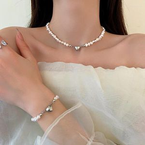 Chains Korean Fashion Pearl Chain Choker Necklace For Women Girls 2023 Trend Jewelry Heart Magnetic Pendant Bridal Engagement