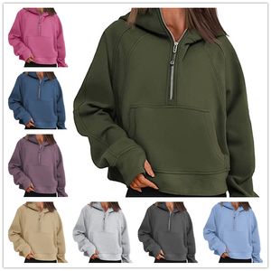 Scuba Half Zip Hoodie Womens Yoga Suit Designer Hooded Sweatshirt Pullover Hoody Thick Long-sleeved with Fleece jacket Ladies Gym Sportswear Outdoor Sports Jogging