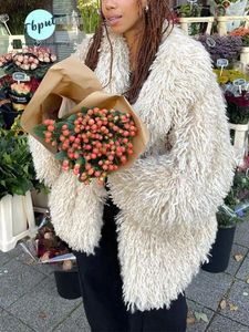 Casaco de pele feminina outono inverno falso fofo para senhoras elegante peludo gola virada para baixo manga longa moda feminina casaco de rua alta