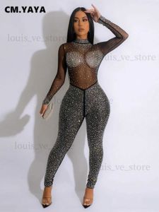 Women's Jumpsuits Rompers CM.YAYA Women Mesh See Though Diamonds Hot Rhinestones Long Sleeve Jumpsuit 2023 INS Sexy Party One Piece Set Overall Playsuit T231202