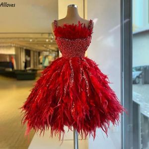 Luxury Red Feather Cocktail Prom Dresses Sparkly paljetter Beading Women Leotard Outfit Female Bar Dance Stage Costume Sexig Princess Kort bollklänning Al8511