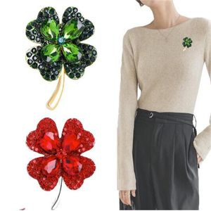 Rhinestone Clover Brosches for Women Green and Red Color Pin Peace and Health Plant Jewelry GC2489