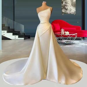 2024 Elegant Sheath Wedding Dress Strapless Sleeveless Pearls Beads Satin Bride Party Gowns Women Bridal Guest Dresses Vestidos De Noiva