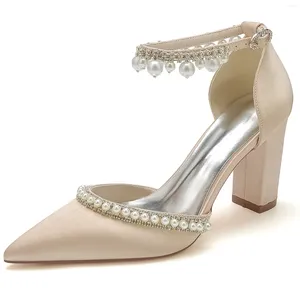Sandals Thick Block Heel Lady Satin Evening Dress Shoes Pointed Toe Pearls Ankle Strap Bridal Wedding Party Prom Pumps Tassel