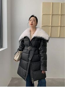Casaco de pele de carneiro real de couro feminino calor de inverno 90% pato branco para baixo jaqueta de pele de islândia natural jaquetas de gola grande